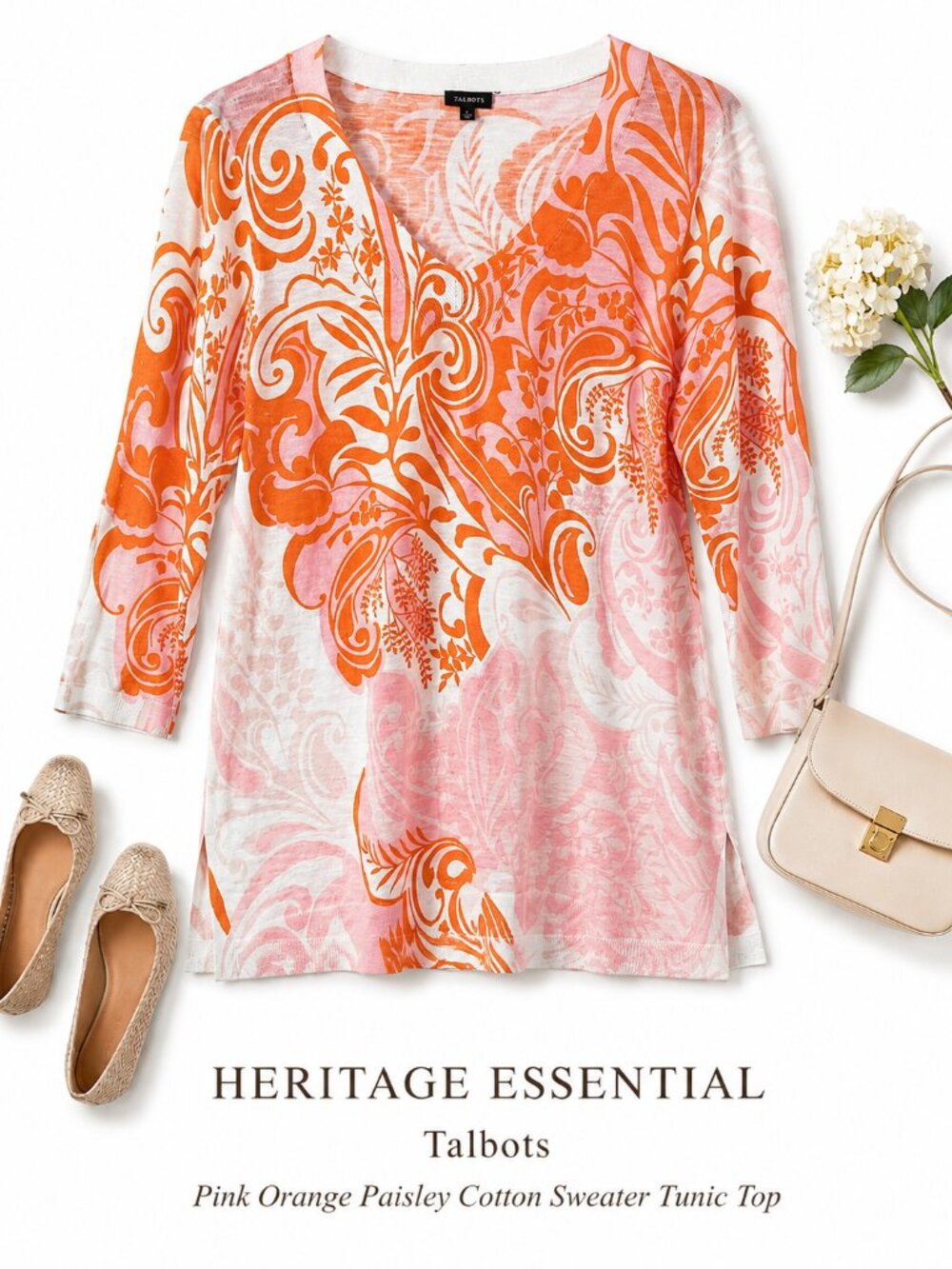 Talbots Pink Orange Paisley Floral 100% Cotton Lightweight Sweater Tunic Top L